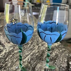 Set of 2 Wine/Water Glasses with Blue Flower and Bee Design